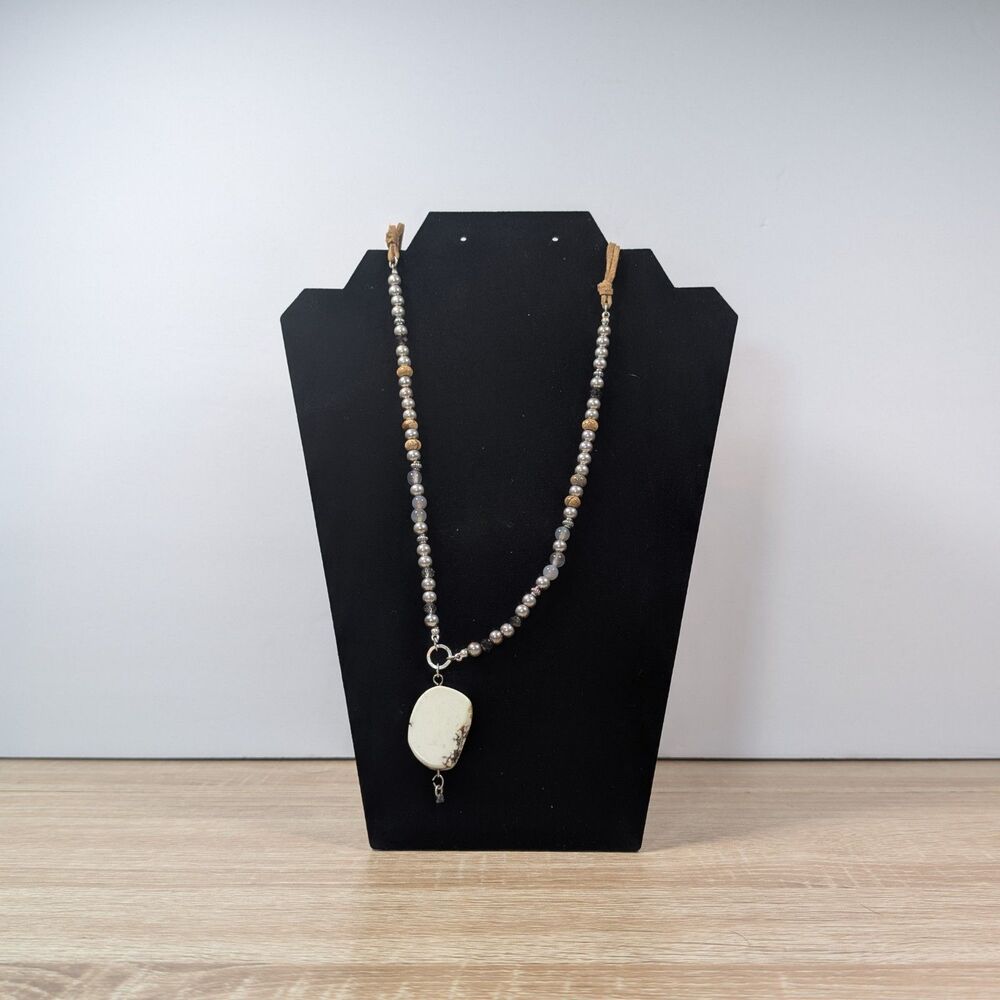 Beaded Boho Necklace 16" – Natural Stone Pendant –Gray & Gold Beads– Southwester